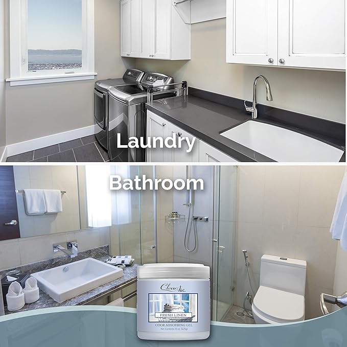 Clear Air 15oz Gel Odor Eliminator - Absorb & Remove Strong Odors from Pets, in Bathrooms, Basements, Garage, Cars, RVs & Boats - Eliminate Tough Odors with Essential Oils (Fresh Linen, 2-Pack)