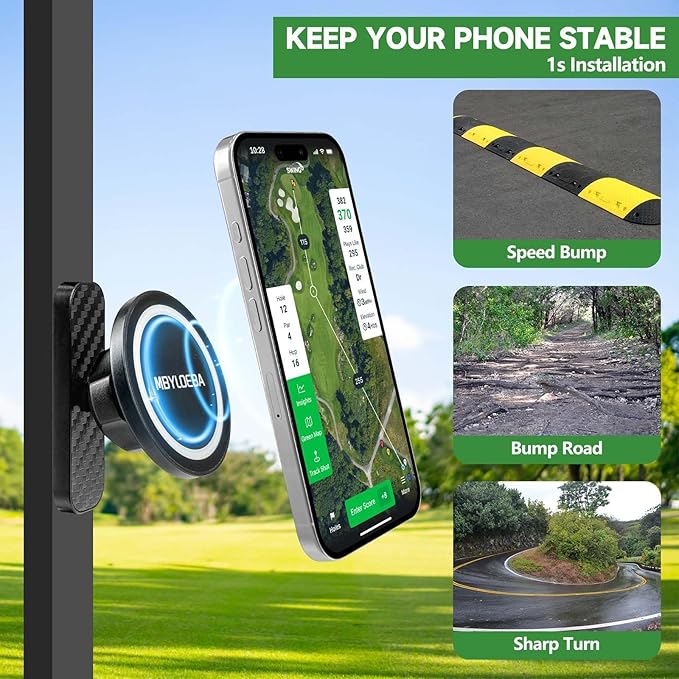 [Reinforced Metal Base] Magnetic Golf Cart Phone Mount - Anti-Crack Bottom with Shock-Absorbing Body, Heat-Resistant N52 Magnet Holder for MagSafe iPhone 17-12, Golf Gifts for Men