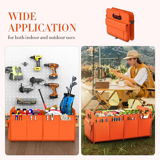 Trunk Organizer For Suv & Sedan,Car Organizers and Storage, Waterproof Collapsible & Adjustable Straps,70L Sturdy Car Organization for Car Accessories, Tools,Sundries,2-3Compartment（Orange