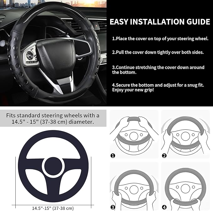 PU Leather Car Steering Wheel Cover with Anti-Slip Grip, for Women and Men, Universal Fit for 14.5-15 Inch Cars, Trucks, SUVs (Black (Round), Medium(Standard) Size[14 1/2''-15''])