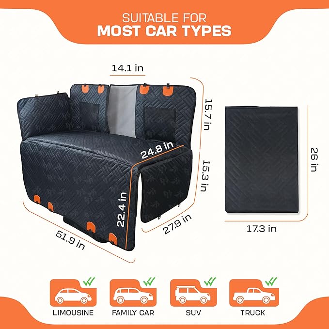 Dog Car Seat Cover for Back Seat – Waterproof Quilted Dog Hammock with Side Protection, Non-Slip, Heavy Duty Pet Seat Cover for Cars, SUVs & Trucks