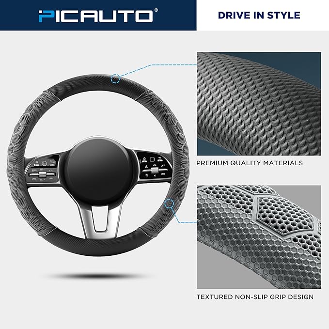 PIC AUTO Massage Steering Wheel Cover, Gray Football Pattern Material Spliced Leather Car Steering Wheel Protector, Car Interior Accessories, Universal Fit 14.5"-15.5" for Cars, Trucks, Van, SUV