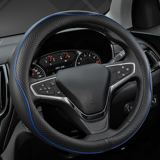 West Llama Microfiber Leather Car Steering Wheel Cover for Chevy Silverado,Tahoe,Equinox,Traverse,Trailblazer,Colorado (Black+Blue Line - Standard Size)