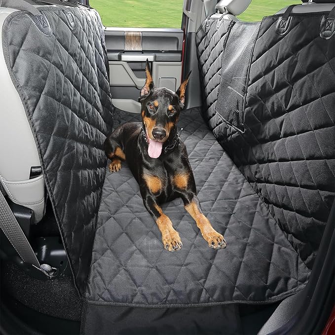 4Knines Dog Floor Hammock for Truck & Crew Cab with Fold Up Seats – Back Seat Pet Cover for Dogs – Compatible with Ram and Nissan Full Size Trucks (Driver Side Split, Black)