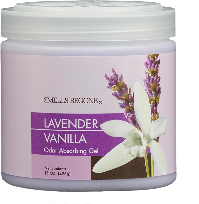 SMELLS BEGONE 15oz Gel Odor Eliminator - Absorb & Remove Tough Odors in Pet Areas, Bathrooms, Basements, Garage, Cars, RVs & Boats - Eliminate Odors Quickly (1-Pack, Lavender Vanilla)