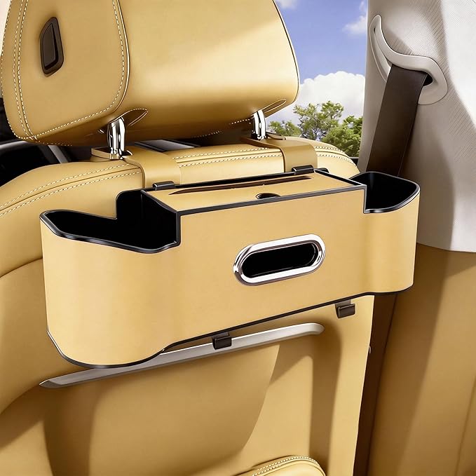 Car Backseat Organizer for Kids & Travelers - 4 in 1 Multifunctional Car Seat Back Storage with Cup Holder, Tissue Box, Snack/Handbag Holder - Nappa Leather Universal Fit for SUV/Van/Sedan (Beige)