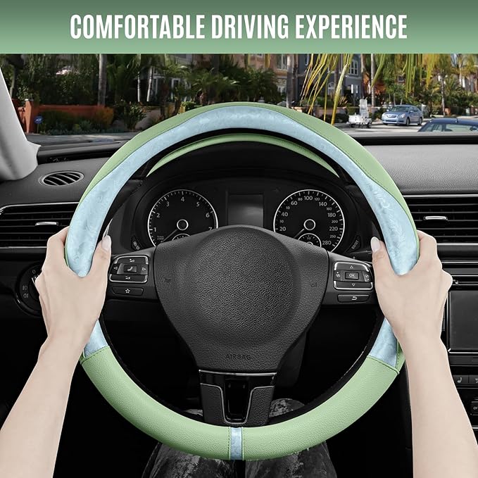 PIC AUTO Steering Wheel Cover, Light Blue Patterned & Green Leather Patchwork Design, Universal Fit 14.5"–15.5", Anti-Slip, Odor-Free, Soft Grain Leather, Durable Grip Car Accessory for Girls & Women