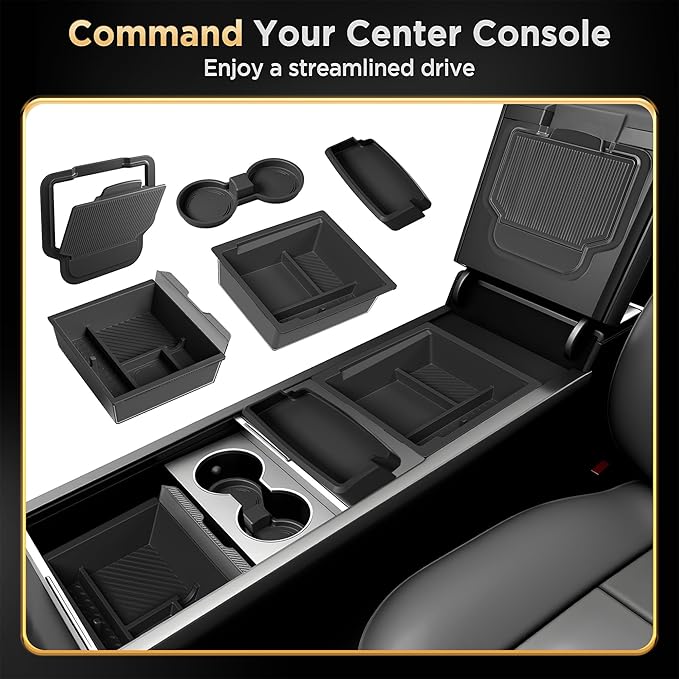for Tesla Model Y Juniper(2025-2026) & Model 3 Highland(2024-2026) Center Console Organizer [Slide Smoothly & Carbon Fiber] Sunglasses Cup Holder for Tesla Model 3 Model Y Accessories Black