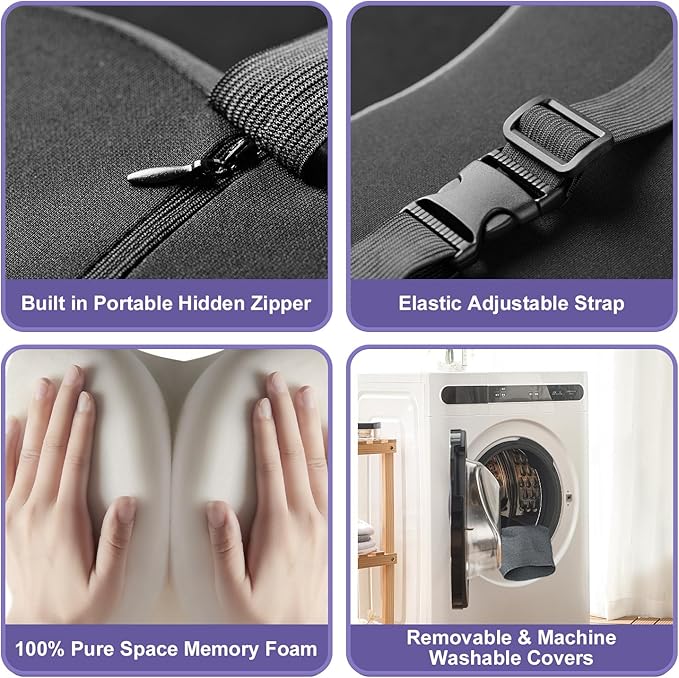 LIQUN Memory Foam Car Neck Pillow, Neck Support Pillow, Neck Support Pad Pain Relief, Adjustable Belt and Breathable Detachable, Suitable for Most Car Pillows Grey