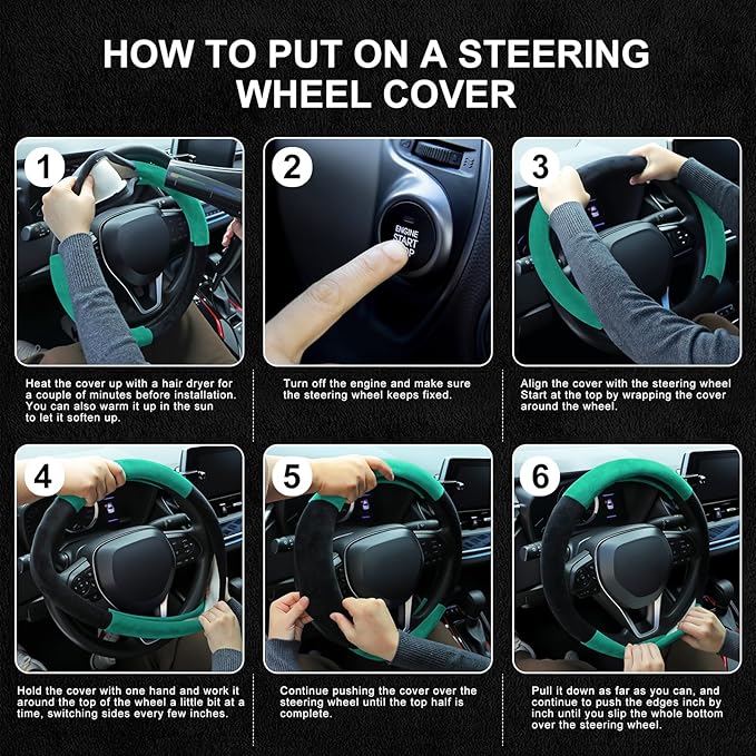 SEG Direct Steering Wheel Cover for Car, Standard Size 14.5-15 inch, Auto Interior Accessories, Warm Plush, Summer Winter, Black and Forest Green