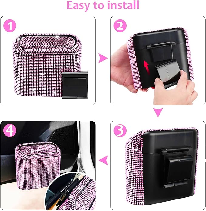 Accmor Bling Car Trash Can with Lid, Vehicle Trash Bin Car Dustbin Garbage Organizer Storage, Sparkling Crystal Mini Auto Trash Bags Holder Container with 30pcs Garbage Bags for Cars, SUV, Truck