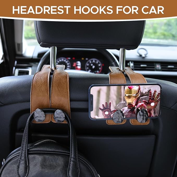 2PCS Leather Car Seat Hooks for Headrest, Vehicle Hanger Storage Organizer Universal for Handbag Purse, Car Accessories Gift (Brown-Black)