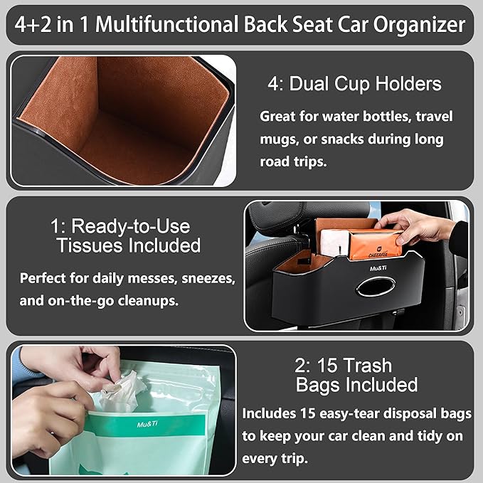 Mu&Ti Back Seat Car Organizer,4+2 in 1 Multifunctional Car Back Seat Storage Box with 2 Cup Holders, Tissue Box and Hook - Ideal for Kids and Travel(Beige)