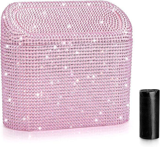 Accmor Bling Car Trash Can with Lid, Leak-Proof Mini Vehicle Trash Bin Automotive Dustbin Organizer Storage, Sparkling Crystal Trash Bag Container with 30pcs Garbage Bags for Car, Home, Office (Pink)