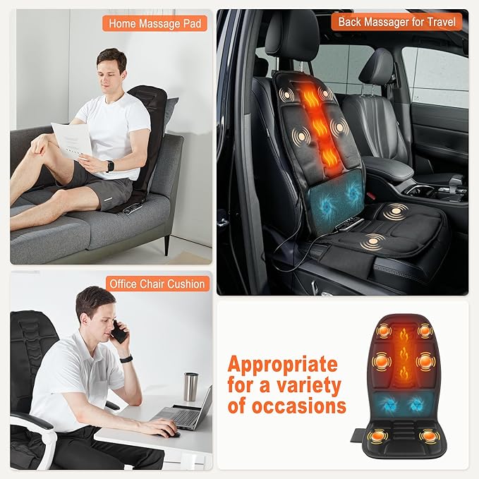 Massage Seat Cushion with Heat, Cooling Back Massager for Chair, Chair Massager for Full Body Massage, Deep Tissue Vibration Pad with 2 Adapters, Gifts for Dad Mom