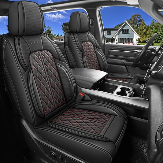 Car Seat Cover Custom Fit for Dodge Ram 1500 2500 3500 2002-2026 Faux Leather Seat Cover Set Compatible with Crew Quad Regular Cab Pickup Truck Cushions (Black Redline, Front Seat)