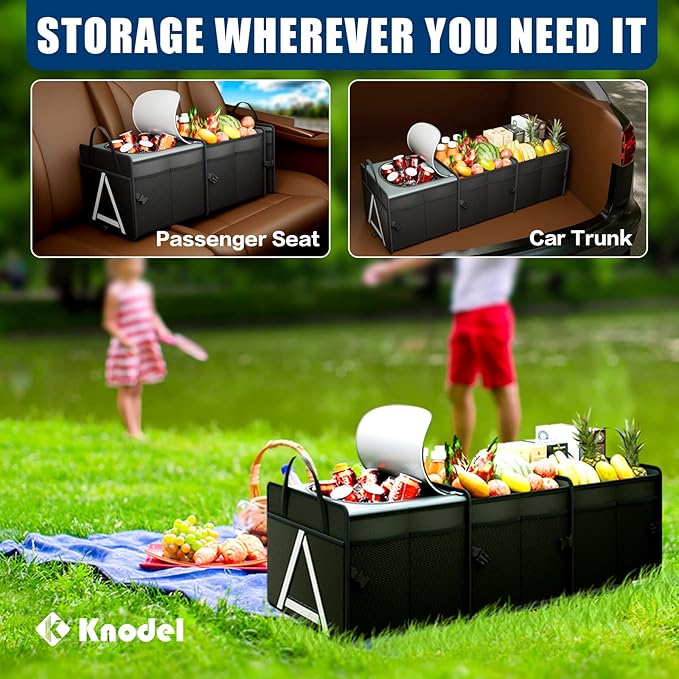 K KNODEL Sturdy Car Trunk Organizer with Premium Insulation Cooler Bag, 3 Compartments Heavy Duty Collapsible for Car, SUV, Truck, or Van (Large, Black)