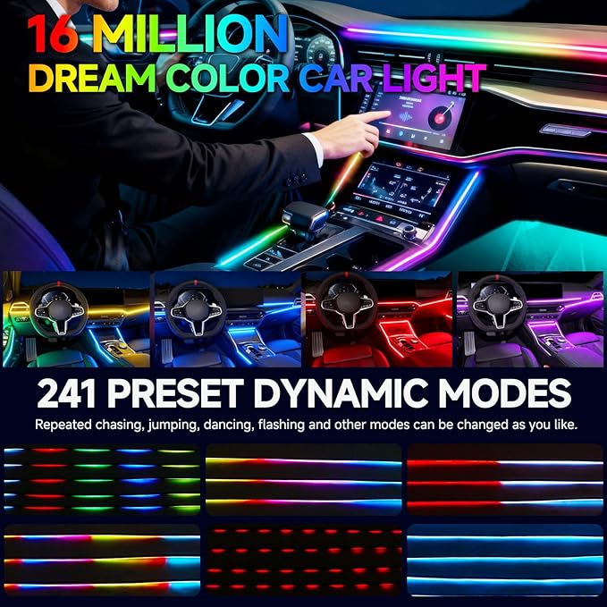 Dreamcolor Acrylic Interior Car LED Strip Lights with APP&Remote Control RGB 10 in 1 Ambient Lighting Kits Fiber Optic Strip LEDs Music Sync Car Neon Lights for Cars,SUVs,Trucks