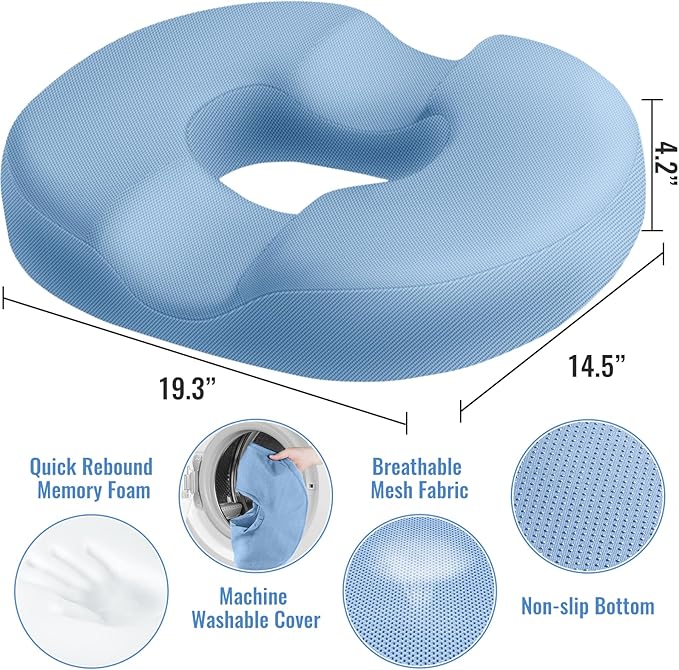 CloudBliss Donut Pillow Seat Cushion Chair Pad for Tailbone Pain Relief and Hemorrhoids, Memory Foam Seat Chair Cushion for Men and Women for Home & Office, (Light Blue-2XL)