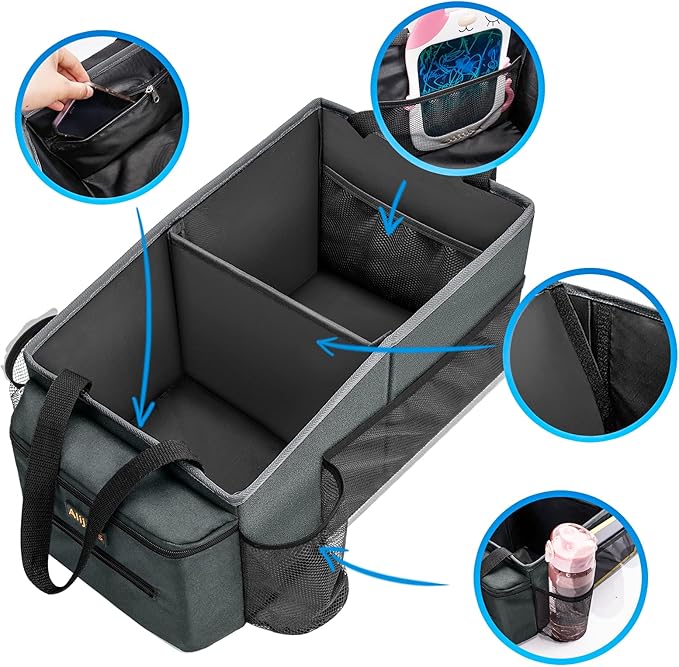 Car Back Seat Organizer - Road Trip Essentials Kids, Automotive Organization Car Accessories for Women Men Interior with Cup Holders, Tissue Box, Mesh Pockets, Grey