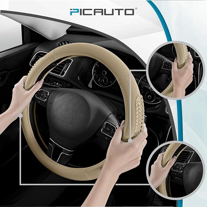 PIC AUTO Steering Wheel Cover, Glitter Gel Particles & Beige Luxury Leather Car Steering Cover, Universal Fit 14.5"-15.5" Anti-Slip Car Wheels Cover for Girls & Women