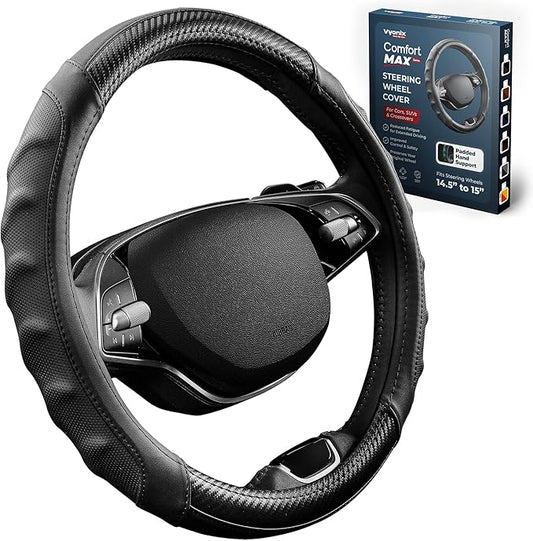 Carbon Fiber Steering Wheel Cover – 15 Inch Universal Fit for Cars & SUVs – Anti-Slip Grip, Breathable Leather Texture, Sporty Carbon Fiber Look – Premium Car Interior Accessories – Black