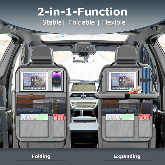 Car Backseat Organizer with table Tray, 9 Storage Pockets Backseat Car Organizer with Tablet Holder, Back seat Organizer for Kids Road Trip Essentials Travel (1Pack)