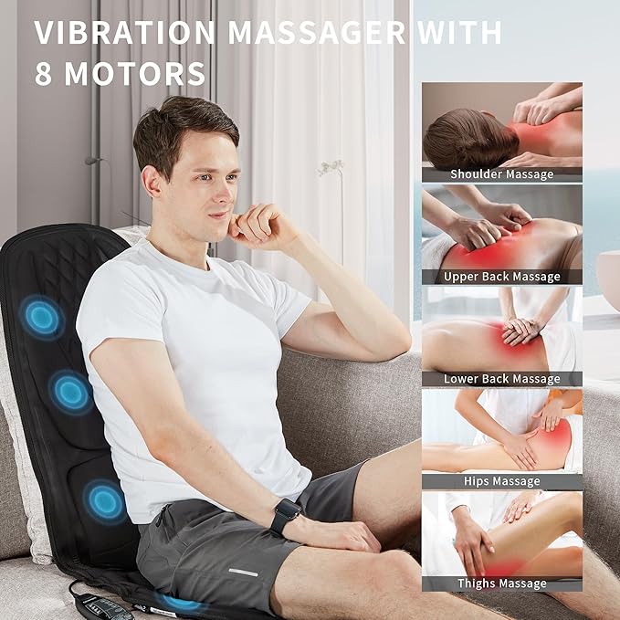 Back Massager with Heat, Massage Seat Cushion with 3D Back Support, 8 Vibrating Motors Massager Chair Pad for Full Body Pain Relief, Ideal Gift for Valentine's Day/Lover/Parents/Friends