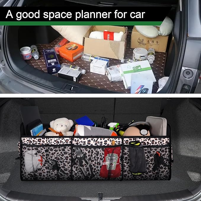 Femuar Collapsible Trunk Organizer - 90L Large Capacity with 15 Pockets, Waterproof for SUV/Car/Jeep/Sedan, Extra Large Leopard Print