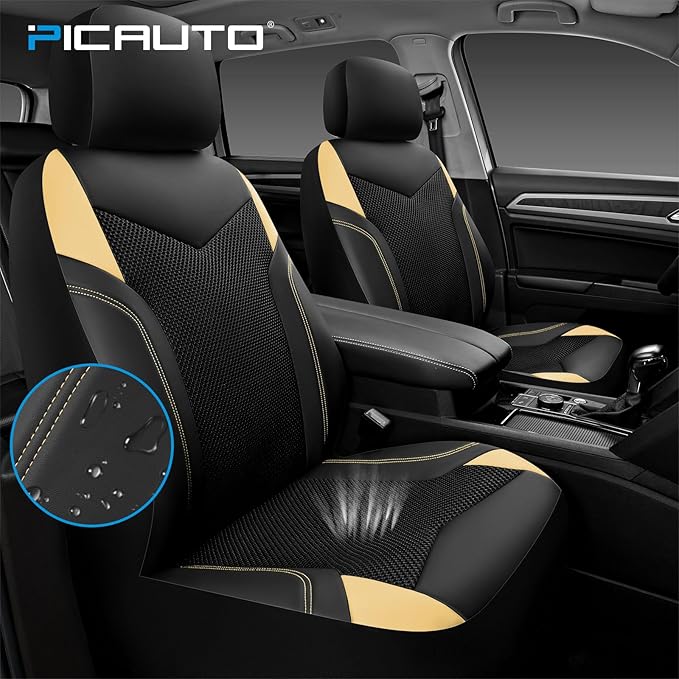 PIC AUTO Car Seat Cover, Super Breathable Mesh Front Seat Cover for Cars, Beige Leather Seat Covers, Universal Fit, Durable, Airbag Compatible, Suitable for SUVs, Trucks, Sedans, and Vehicles
