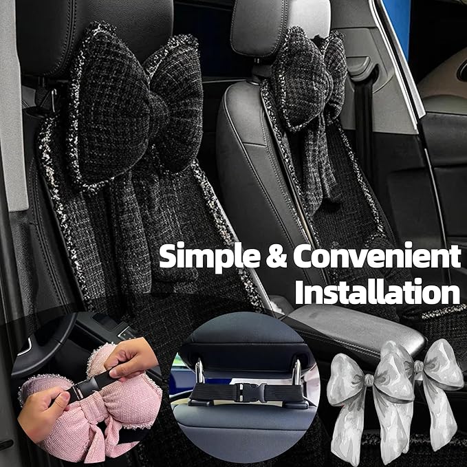 2-Pack Cute Bow Car Headrest Pillow Unique French-Inspired Bouclé Fabric Neck Support Cushion for Women Fits Most Cars (Black)