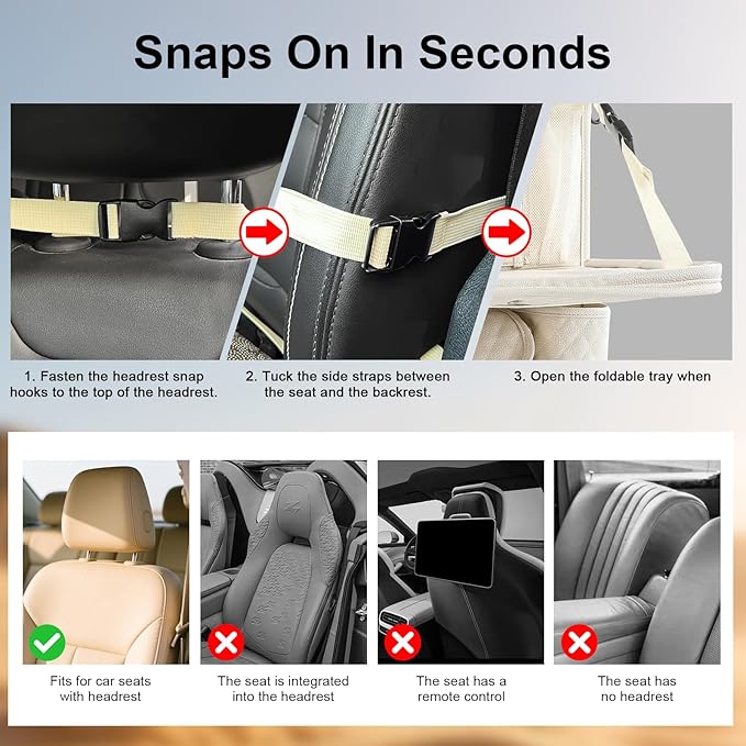 Car Backseat Organizer with Foldable Table Tray - 11 Storage Pockets PU Leather Back Seat Organizer with Tablet Holder, Seat Back Protector for Kids Family Road Trip Travel Accessories (Beige)