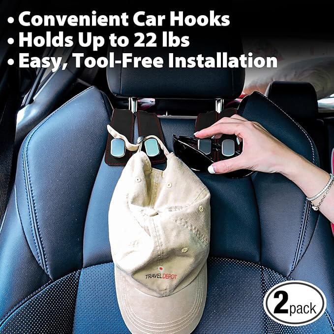 Headrest Hooks for Car, Purse Hook for Car, Premium Leather Twin Hook Car Seat Hooks, Double Hook Seat Back Storage Organizer for Purses, Bags, SUV, Truck, Vehicle, 2 Pack, Black