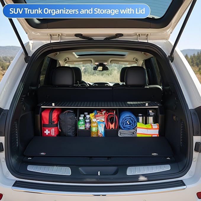 Sturdy Trunk Organizer with Lid, Waterproof Leather Car Storage Organizer with Sturdy Handle, Extra Large Car Organizers and Storage Fits Shopping, Camping, Road Trips (42.12 inch)