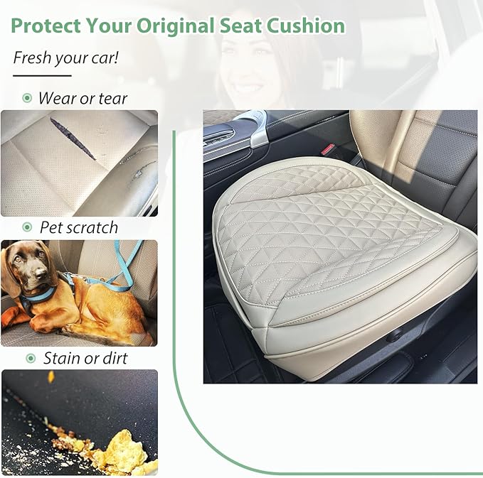 2 Pack Leather Front Car Seat Cover Bottom Only, Anti-Slip Padding Seat Cushion, Full Wrap Seat Protector with Storage Function Universal Fit for Most Cars, SUV, Pick-up Trucks (Beige)