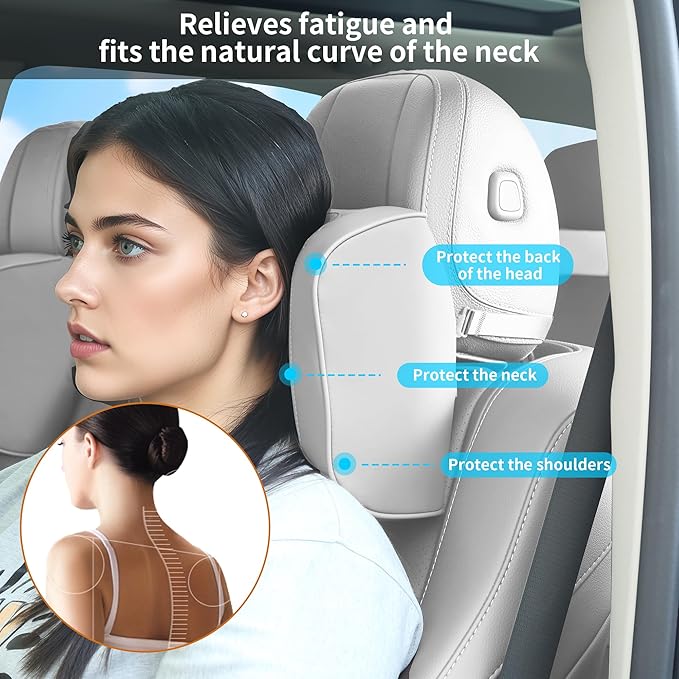 Car Headrest Pillow U-Shaped, Memory Foam Head Neck Support Cushion for Driving, Leather Head Rest Travel Pillows for Sleeping, Breathable Removable Cover, Gray, 1 Pack
