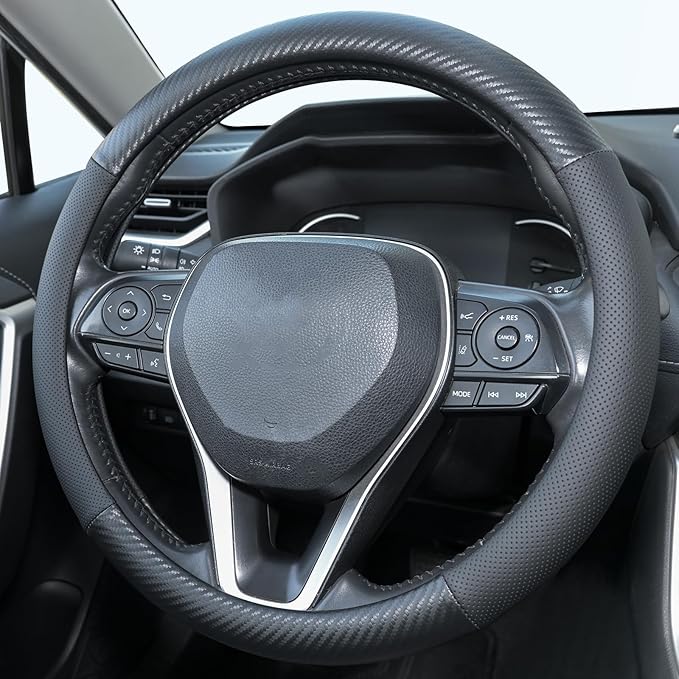 Carbon Fiber Leather Steering Wheel Cover, Universal 14.5–15 Inch Non-Slip Breathable Steering Wheel Cover for Cars, Carbon Fiber