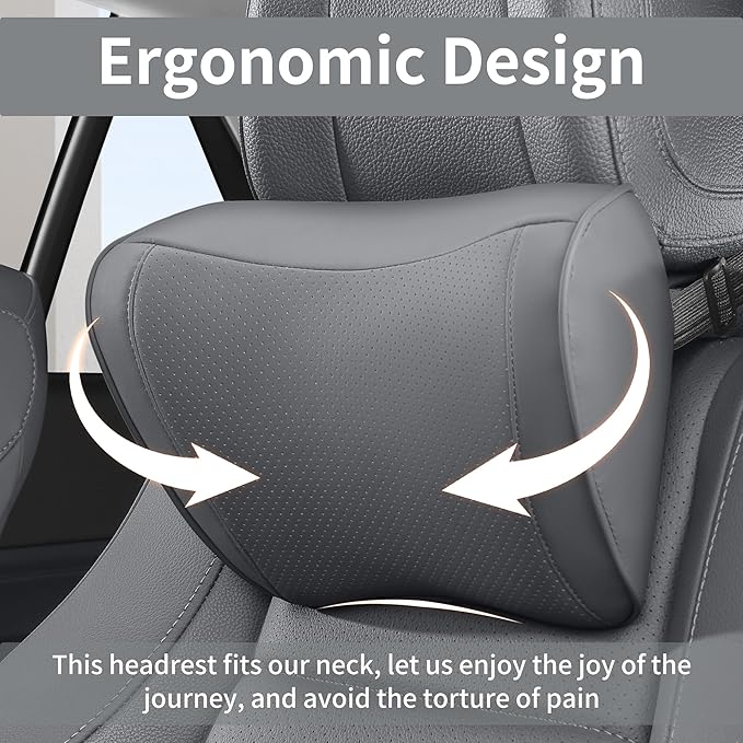 Car Headrest Pillow 100% Memory Foam, Breathable Removable Leather Cover, Premium Seat Support Head Neck Cushion for Driving Travel Home Office, Gray, 1 Pack