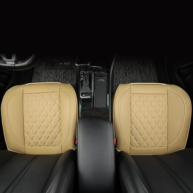 2 Pack Leather Front Car Seat Covers,Bottom Seat Covers for Cars,Driver Car Seat Cushion Cover,Luxury Seat Protectors,Waterproof,Full Wrap,for Most Vehicles,Sedan,Truck,SUV(Beige)