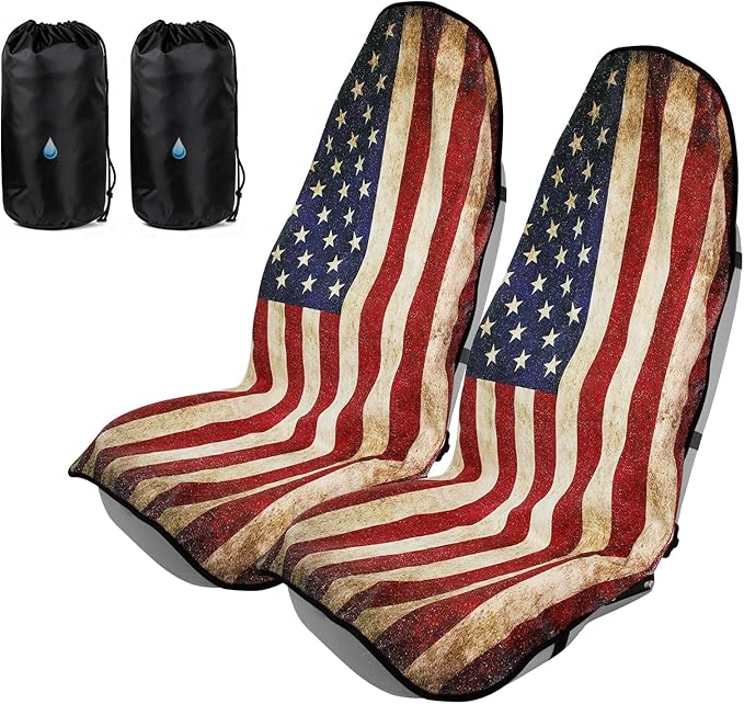 Universal Car Seat Cover Towel, Waterproof Washable Sweat Protection for Front Bucket Seats, Non-Slip Fit, Fits Cars SUVs Trucks, Ideal for Gym, Kids, Travel (American Flag, 2 Pack)