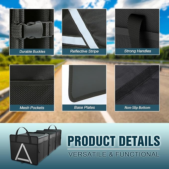 K KNODEL Sturdy Car Trunk Organizer with Premium Insulation Cooler Bag, 3 Compartments Heavy Duty Collapsible for Car, SUV, Truck, or Van (Large, Black)