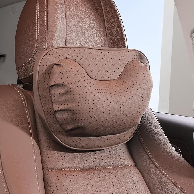 Car Neck Pillow [No More Pressure] Soft Comfortable Premium Leather Headrest with Adjustable Strap – Ergonomic Support for Driving, Office & Gaming, Brown, 1 Pack