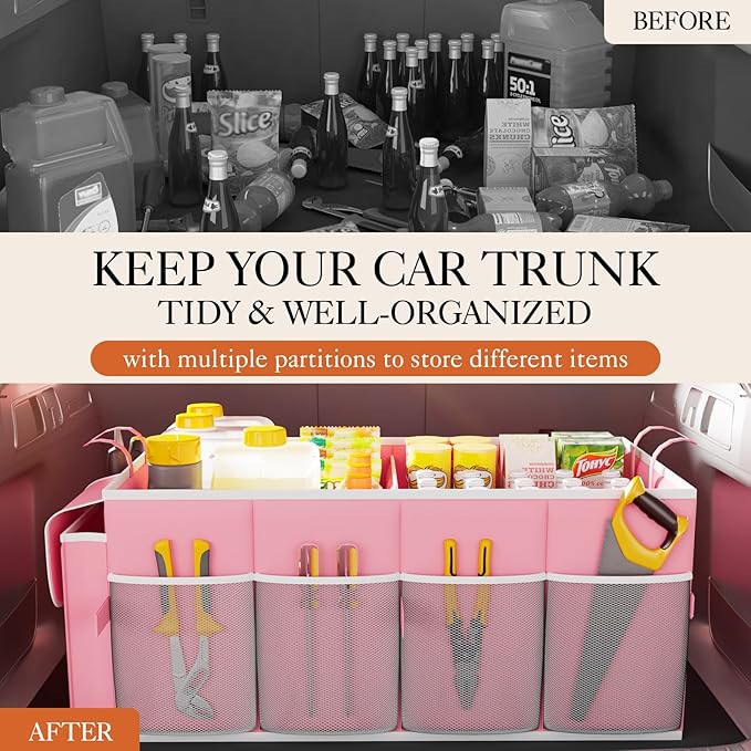 HOTOR Foldable Trunk Organizer for SUVs & Sedans, Pink, 2 Compartments, 21.3"12.6"10.6
