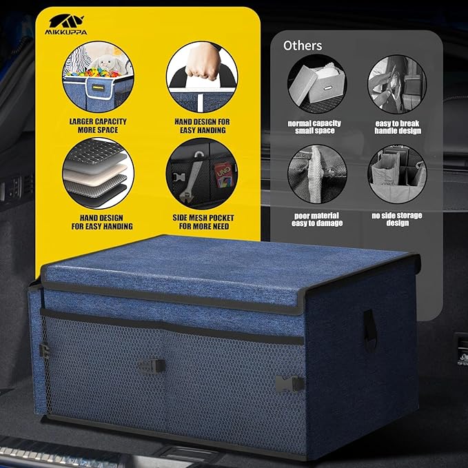MIKKUPPA Car Trunk Organizer - 65L Collapsible Trunk Organizer with Lid, Sturdy Car Storage for SUV Auto Truck Van with Adjustable Straps and Non Slip Bottom (Blue)