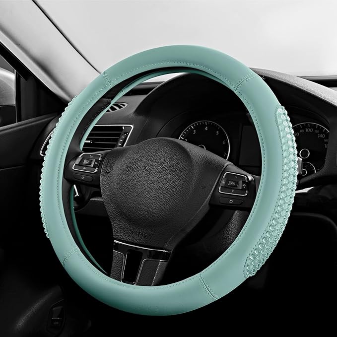 PIC AUTO Steering Wheel Cover, Glitter Gel Particles & Mint Luxury Leather Car Steering Cover, Universal Fit 14.5"-15.5" Anti-Slip Car Wheels Cover for Girls & Women