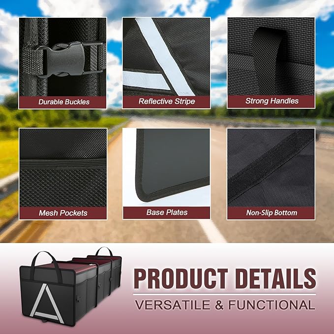 K KNODEL Sturdy Car Trunk Organizer with Premium Insulation Cooler Bag, 3 Compartments Heavy Duty Collapsible for Car, SUV, Truck, or Van (Large, Red)