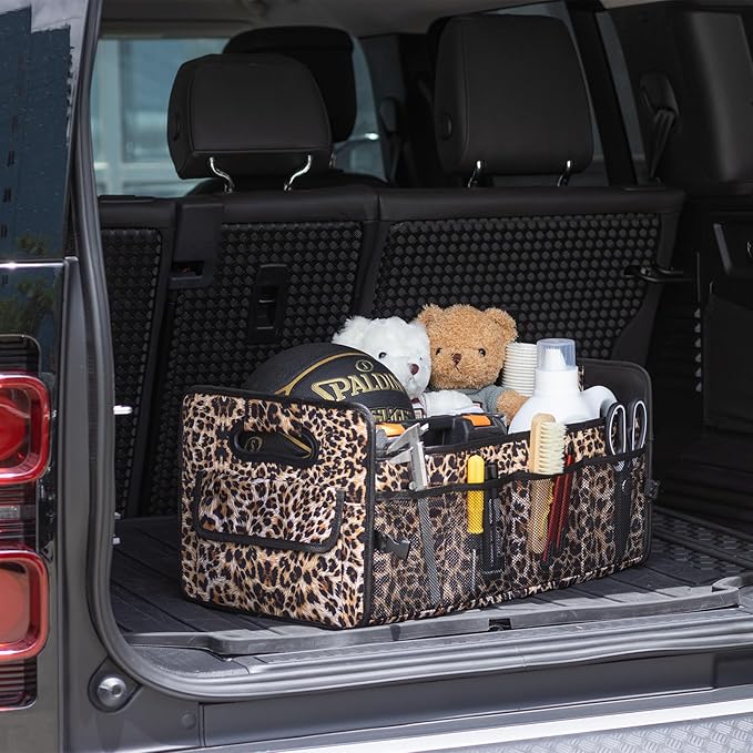 JiatuA Car Trunk Organizers and Storage Collapsible Multi Compartment Container Box, Adjustable Car Accessories for SUV Sedan Truck, Large Size, Leopard Print