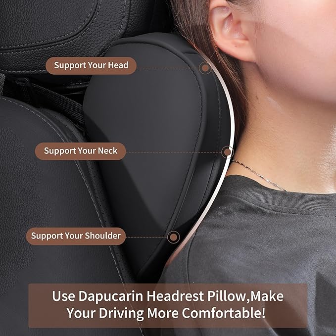 Car Headrest Pillow 100% Memory Foam, Breathable Removable Leather Cover, Premium Seat Support Head Neck Cushion for Driving Travel Home Office, Black, 1 Pack