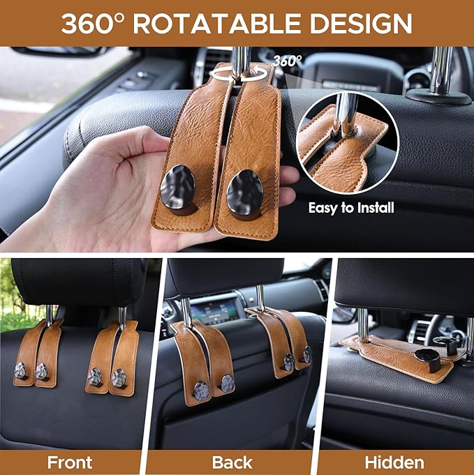 4 PCS Leather Car Seat Hooks for Headrest, Vehicle Hanger Storage Organizer Universal for Handbag Purse, Car Accessories Gift (Brown-Black-4 PCS)