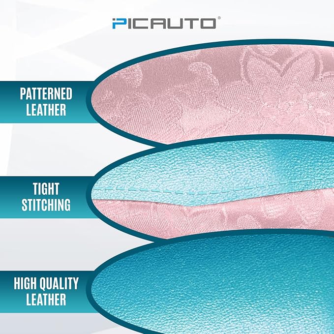 PIC AUTO Steering Wheel Cover, Pink Patterned & Blue Leather Patchwork Design, Universal Fit 14.5"–15.5", Anti-Slip, Odor-Free, Soft PU Grain Leather, Durable Grip Car Accessory for Girls & Women